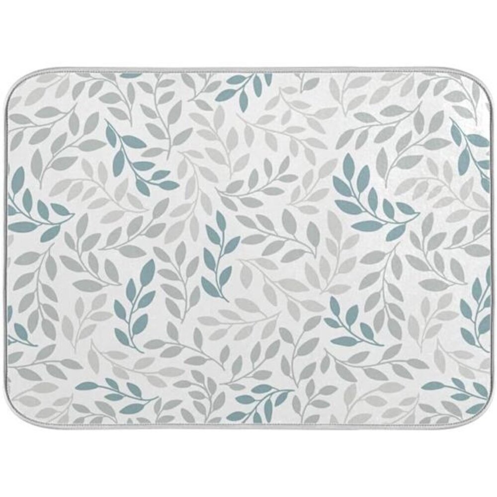 Grey and Blue Leaves branches Dish Drying Mat 16x18 for Kitchen Dishes Pad